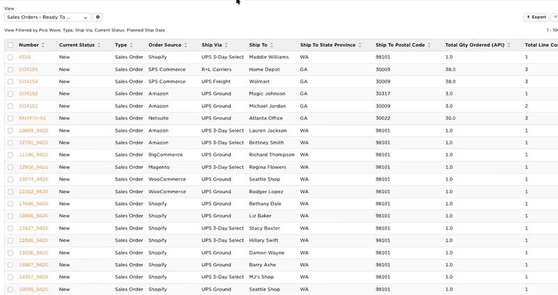 A spreadsheet displaying sales order information including order status, type, source, shipping details, total days ordered for various customers, and fulfillment status.